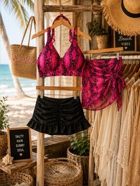 Pink and Black Snake Print Swimsuit (3 Pieces)